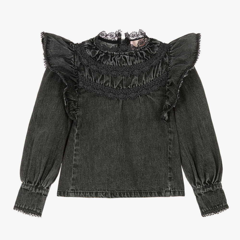 Petite Amalie - Girls Black Washed Denim Blouse | Childrensalon