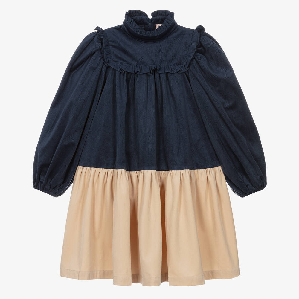 Petite Amalie - Kleid aus Feincord Blau/Beige | Childrensalon