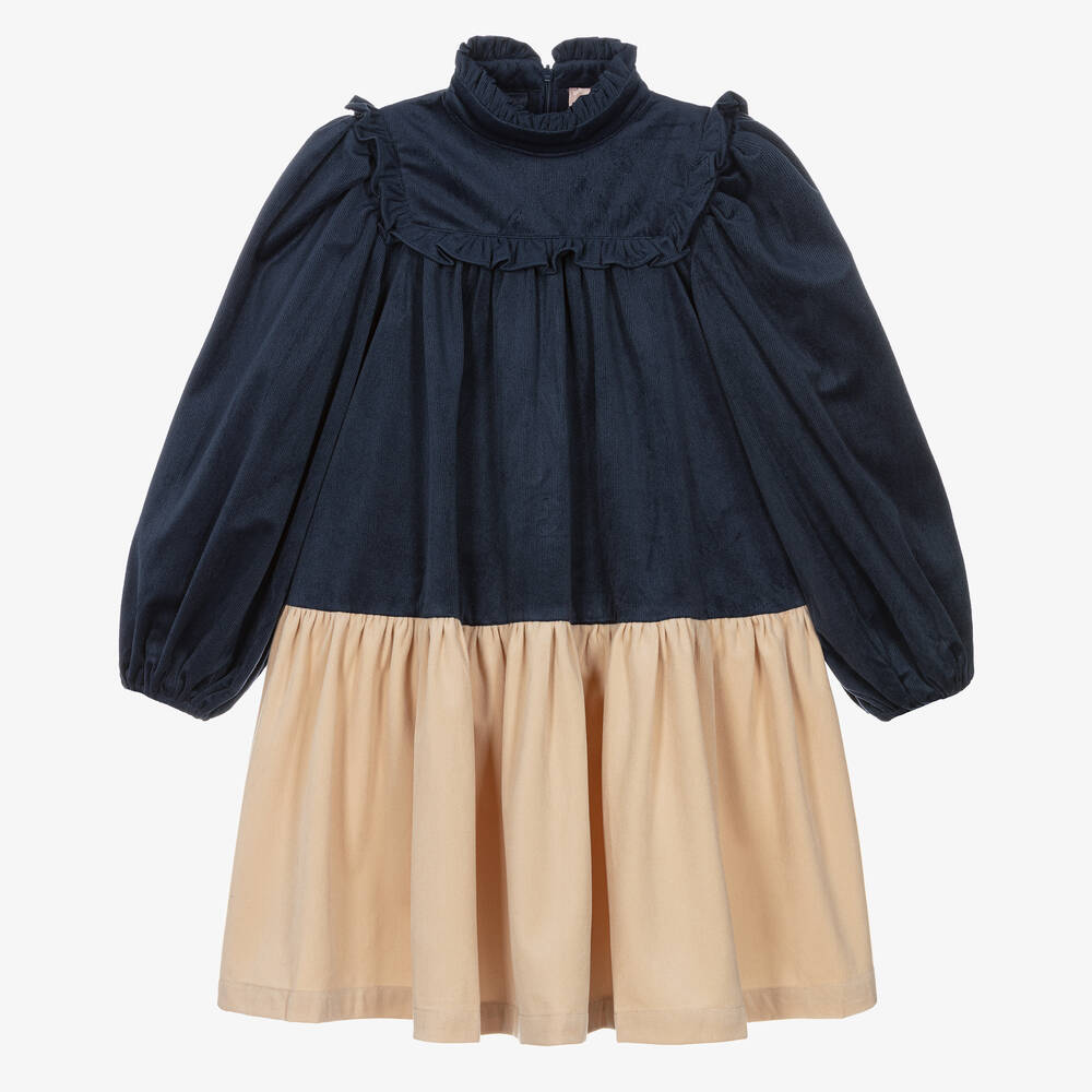 Petite Amalie - Girls Blue & Beige Needlecord Dress | Childrensalon