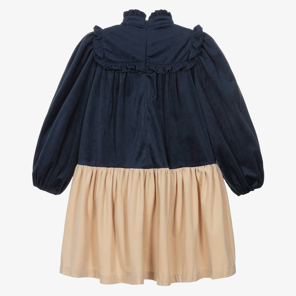 Petite Amalie-Girls Blue & Beige Needlecord Dress | Childrensalon Outlet