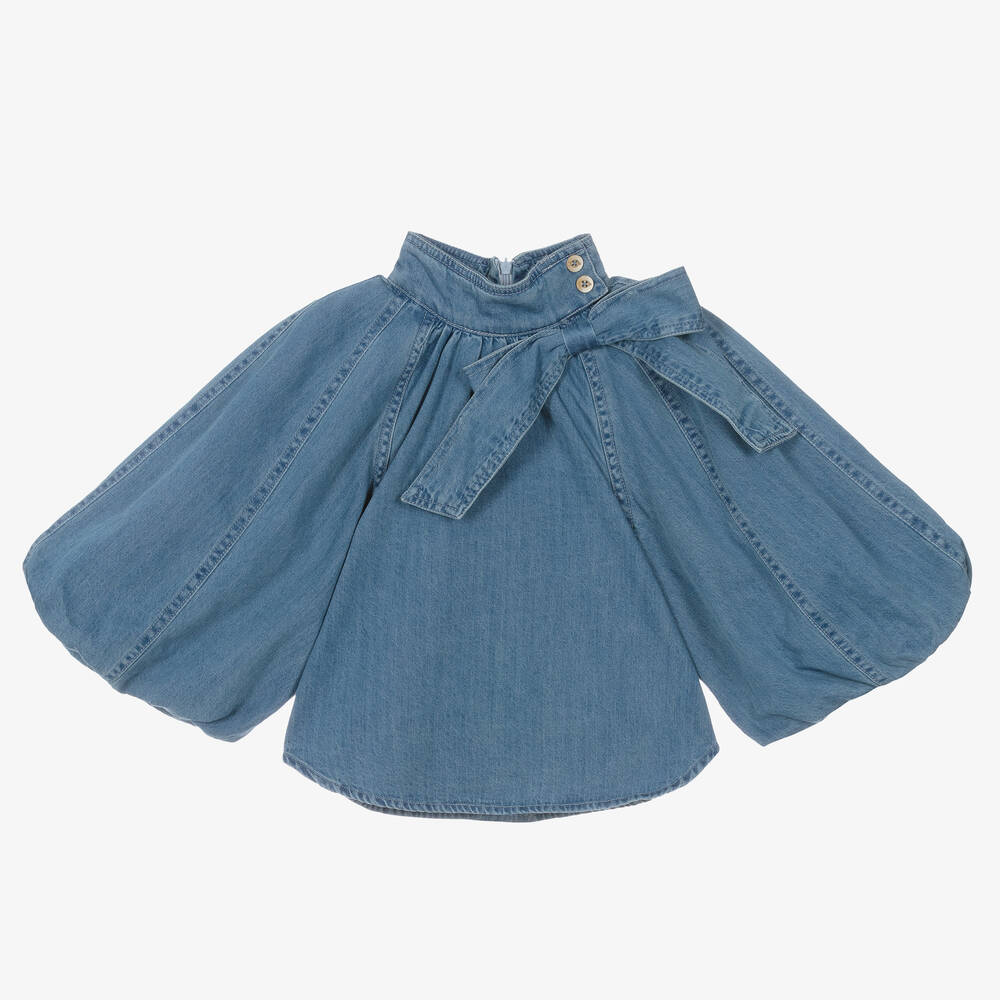 Petite Amalie - Girls Blue Denim Bell Sleeve Blouse | Childrensalon
