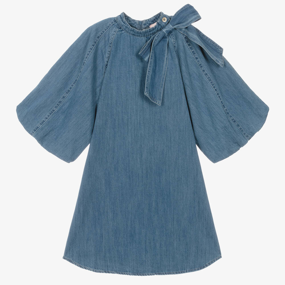 Petite Amalie - Girls Blue Denim Bell Sleeve Dress | Childrensalon