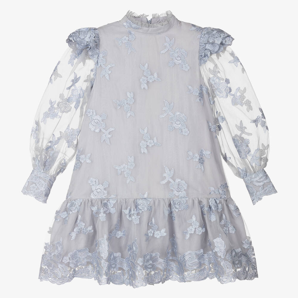 Petite Amalie - Girls Blue Embroidered Silk Organza Dress | Childrensalon