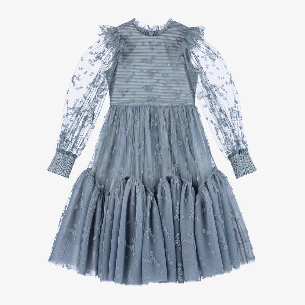 Petite Amalie-Girls Blue Tulle Floral Dress | Childrensalon Outlet