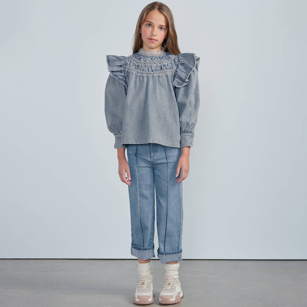 Petite Amalie-Girls Blue Washed Denim Blouse | Childrensalon Outlet