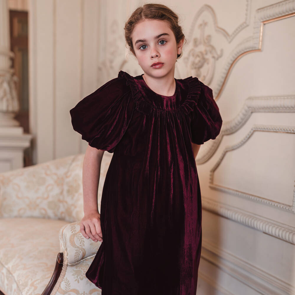 Petite Amalie-Girls Burgundy Velvet Puff Dress | Childrensalon Outlet