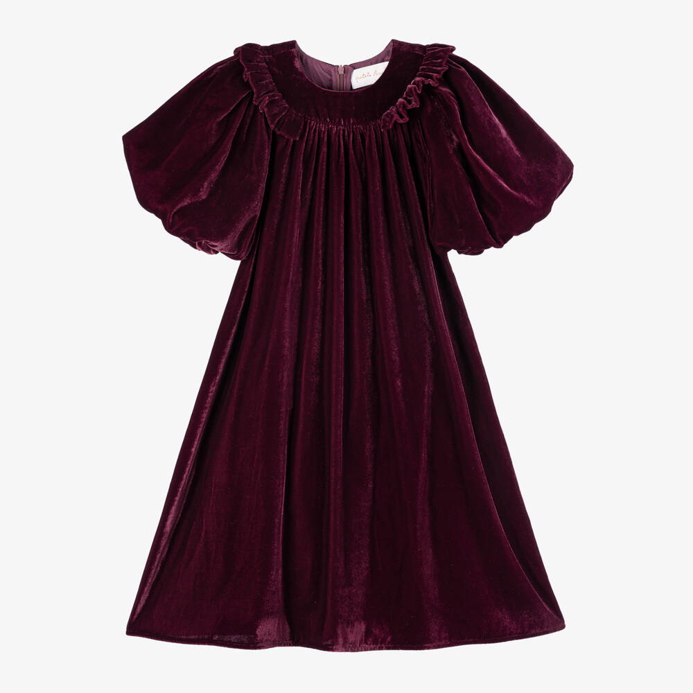 Petite Amalie-Girls Burgundy Velvet Puff Dress | Childrensalon Outlet