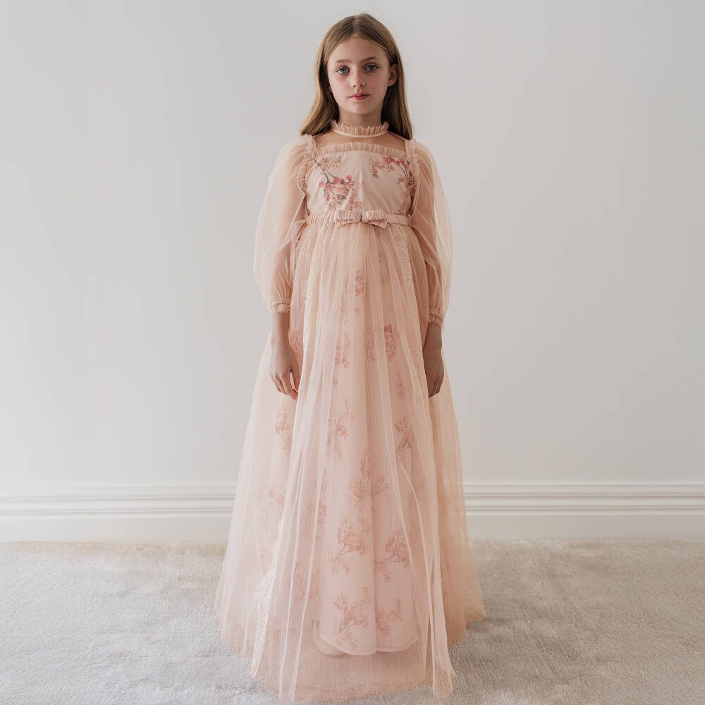 Petite Amalie-Girls Coral Tulle Floral Gown | Childrensalon Outlet