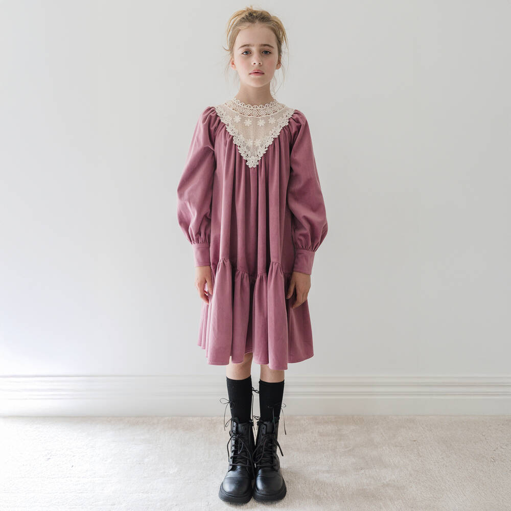 Petite Amalie-Girls Corduroy Dress with Lace Trim | Childrensalon Outlet