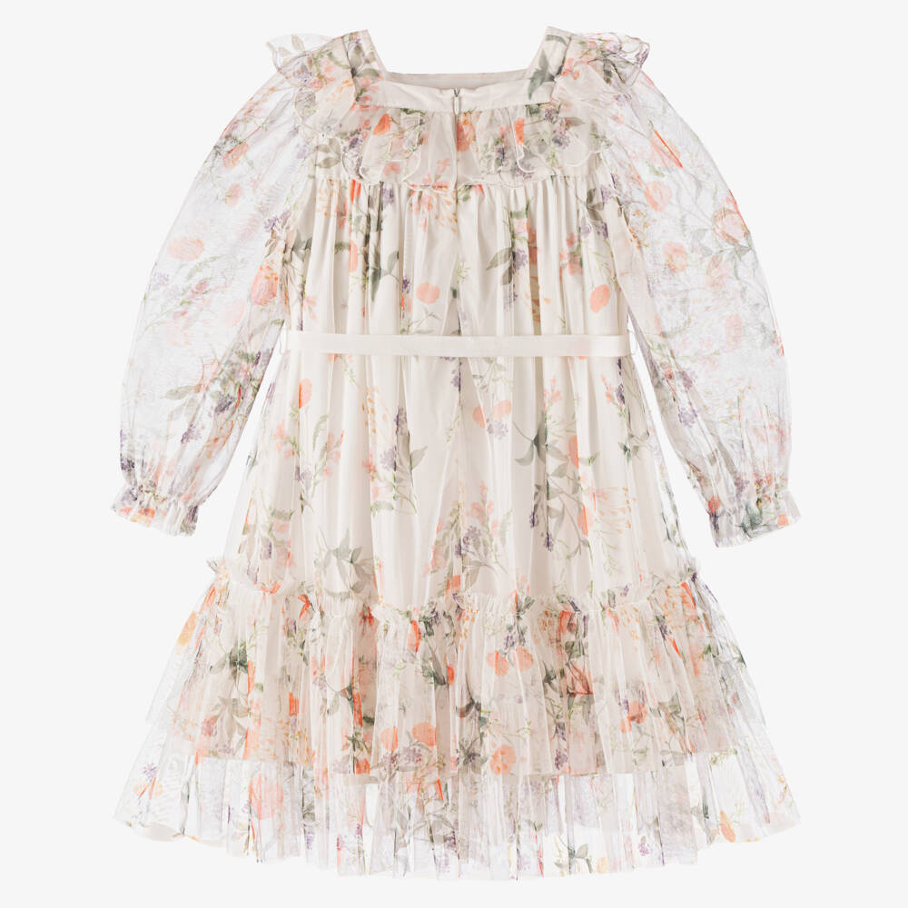 Petite Amalie-Girls Creamy Tulle Floral Gown | Childrensalon Outlet