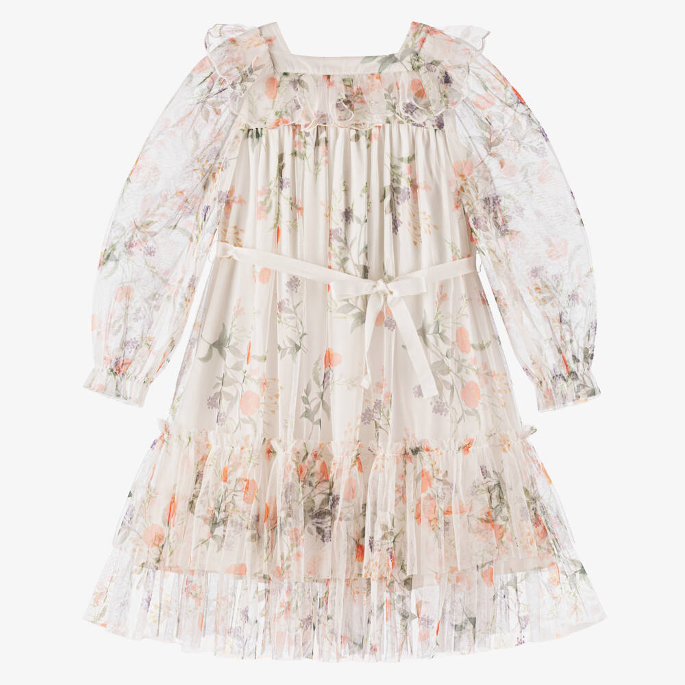 Petite Amalie-Кремовое платье из тюля с цветочным узором для девочек | Childrensalon Outlet