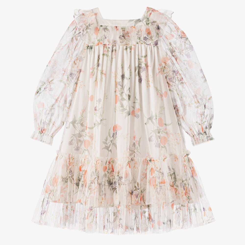 Petite Amalie-Girls Creamy Tulle Floral Gown | Childrensalon Outlet