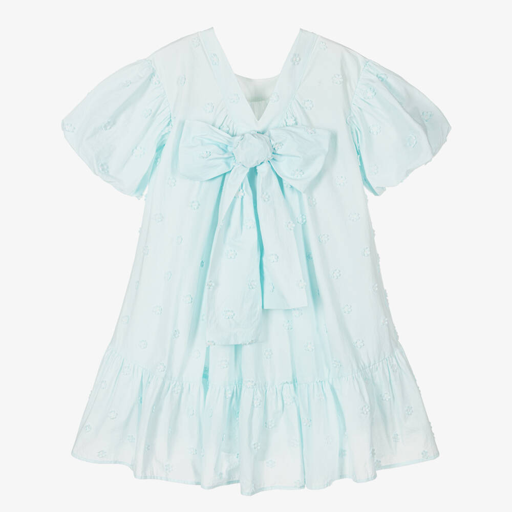 Petite Amalie-Girls Daisy-Embellished Blue Cotton Dress | Childrensalon Outlet
