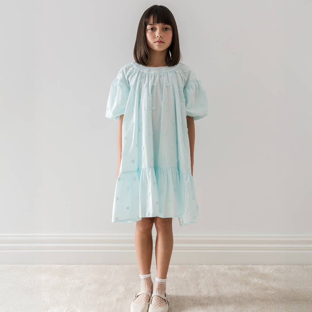 Petite Amalie-Girls Daisy-Embellished Blue Cotton Dress | Childrensalon Outlet