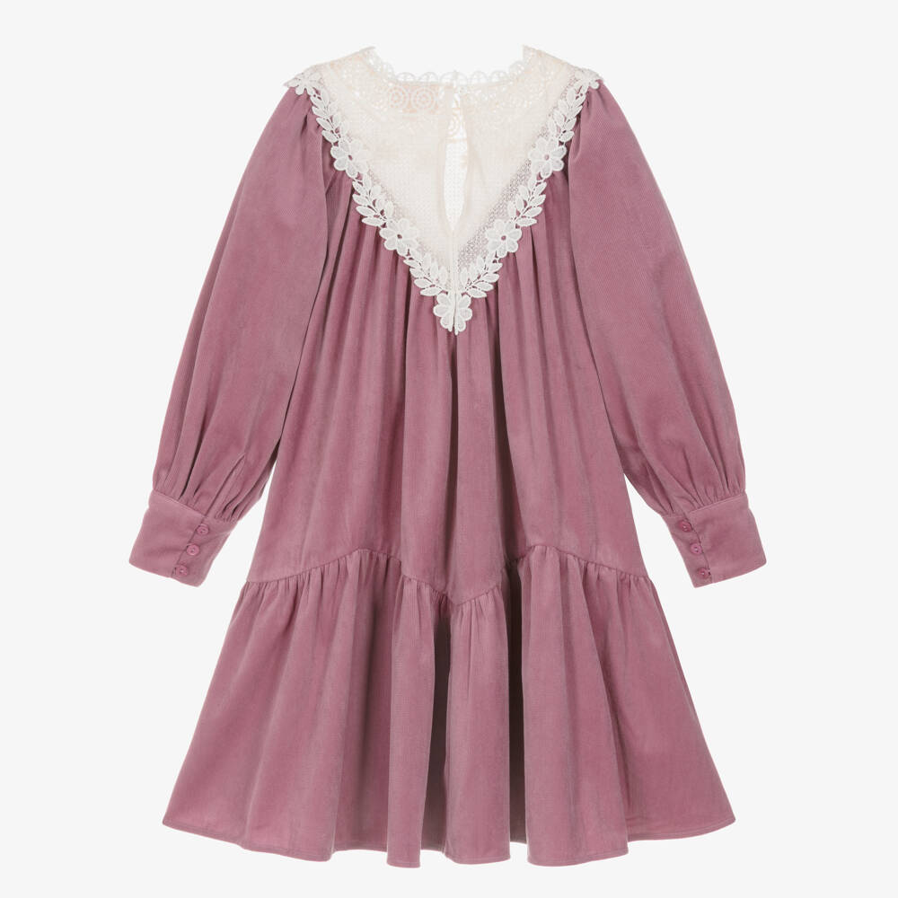 Petite Amalie-Girls Dusk Purple Dress with Ivory Lace Panel | Childrensalon Outlet