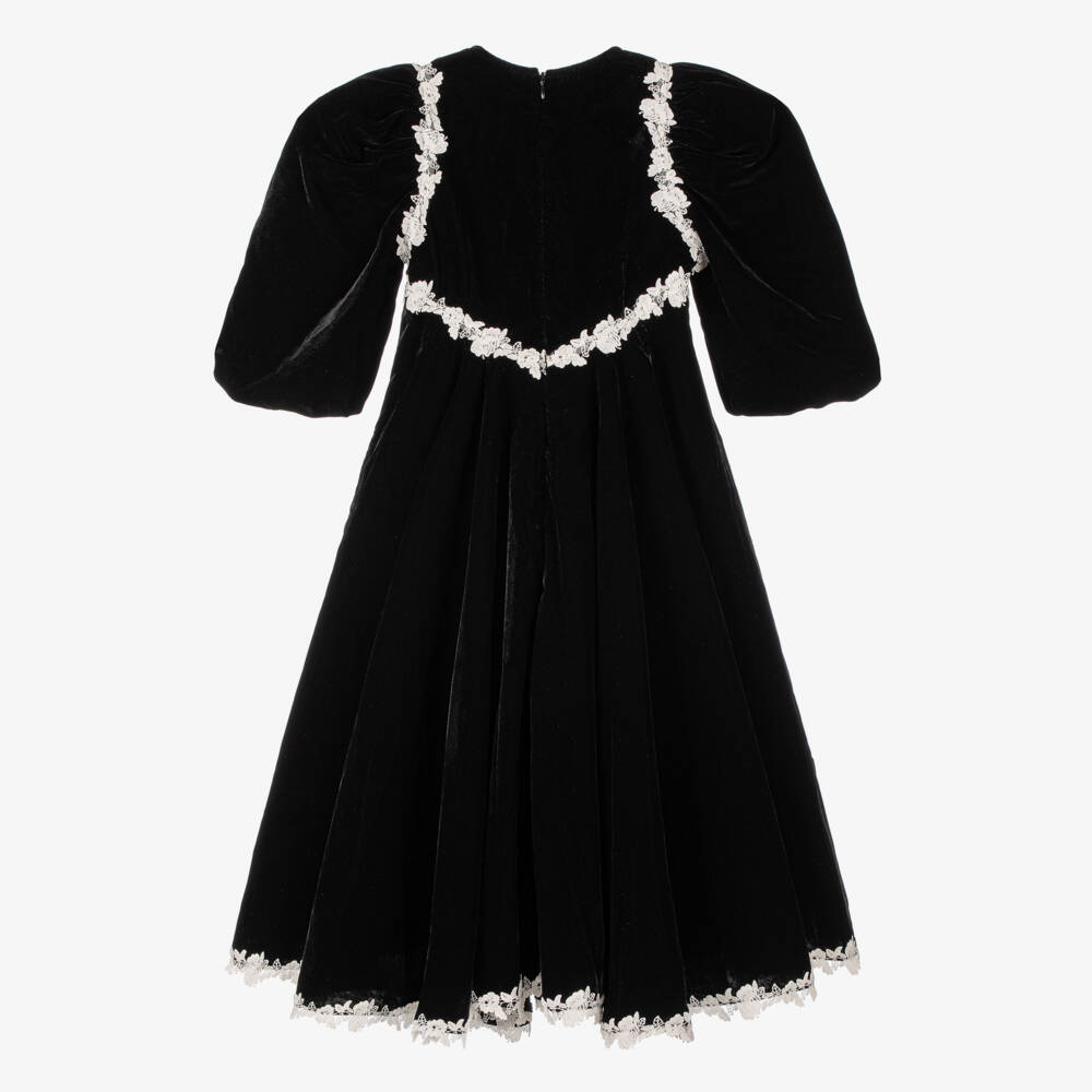 Petite Amalie-Girls Black Velvet Dress with White Lace Trim | Childrensalon Outlet