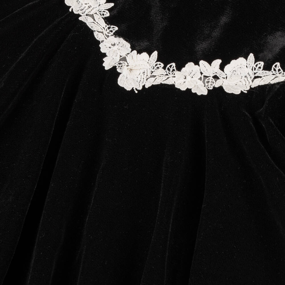 Petite Amalie-Girls Black Velvet Dress with White Lace Trim | Childrensalon Outlet