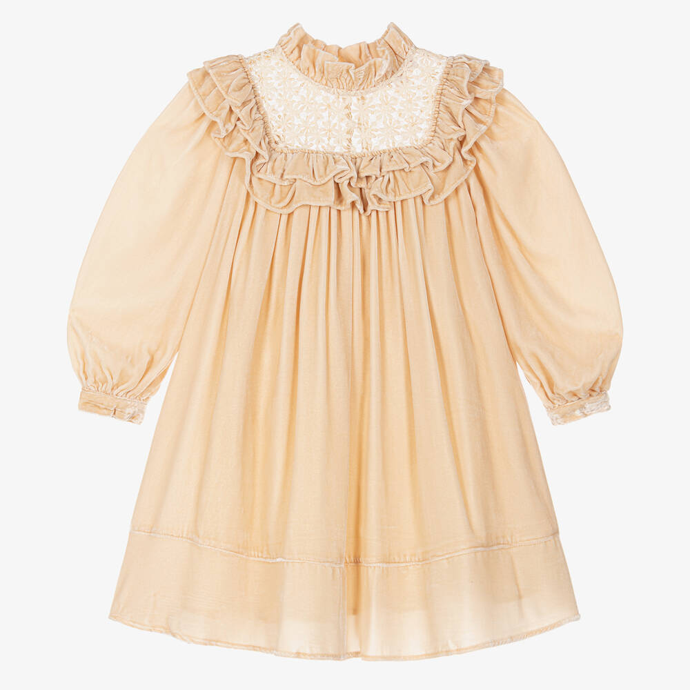 Petite Amalie - Girls Golden Beige Velvet Dress | Childrensalon