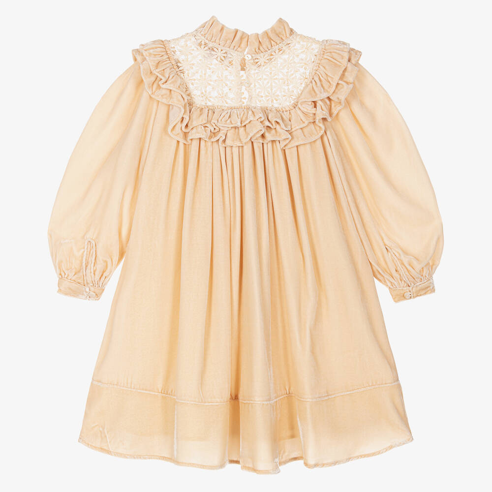 Petite Amalie-Girls Golden Beige Velvet Dress | Childrensalon Outlet
