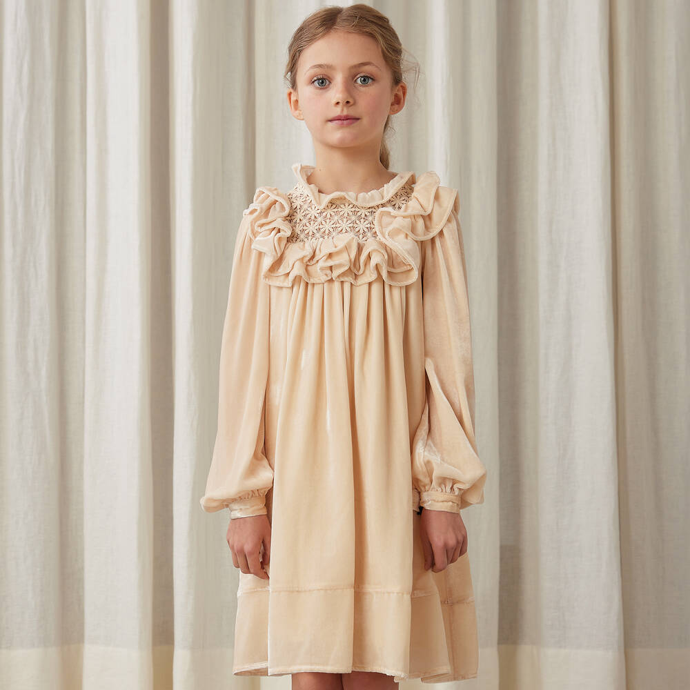 Petite Amalie-Girls Golden Beige Velvet Dress | Childrensalon Outlet