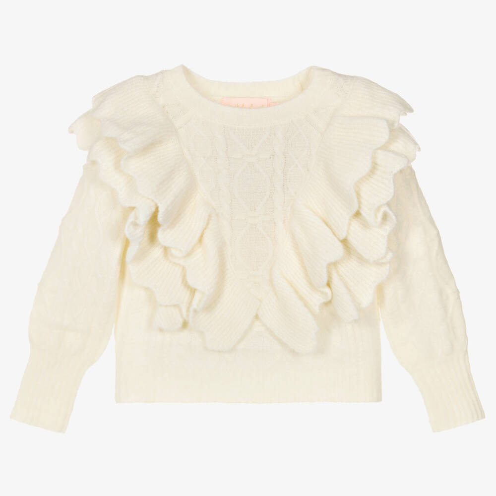 Petite Amalie - Girls Ivory Cable Knit Wool Sweater | Childrensalon