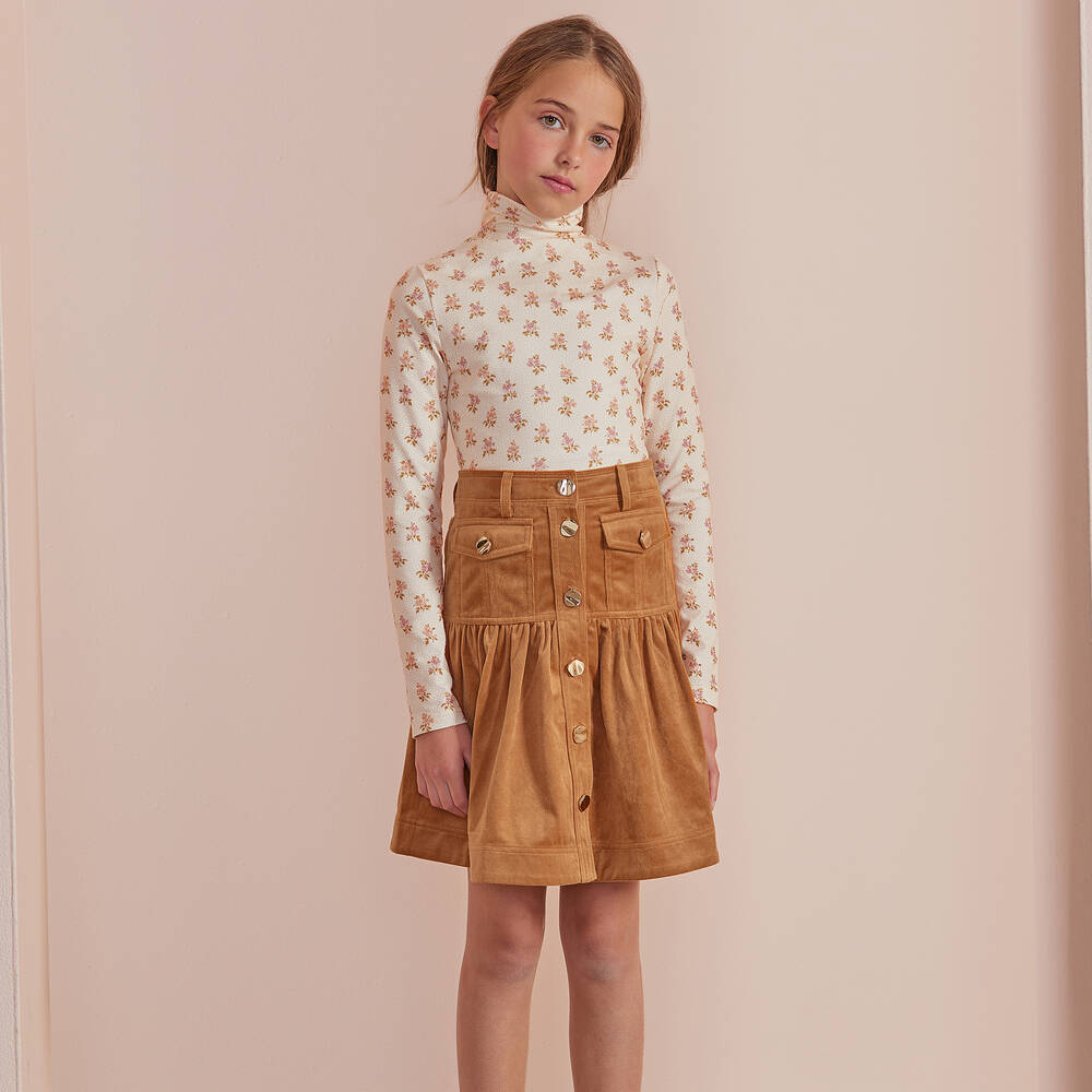 Petite Amalie-Girls Ivory Cotton Floral Roll Neck Top | Childrensalon Outlet