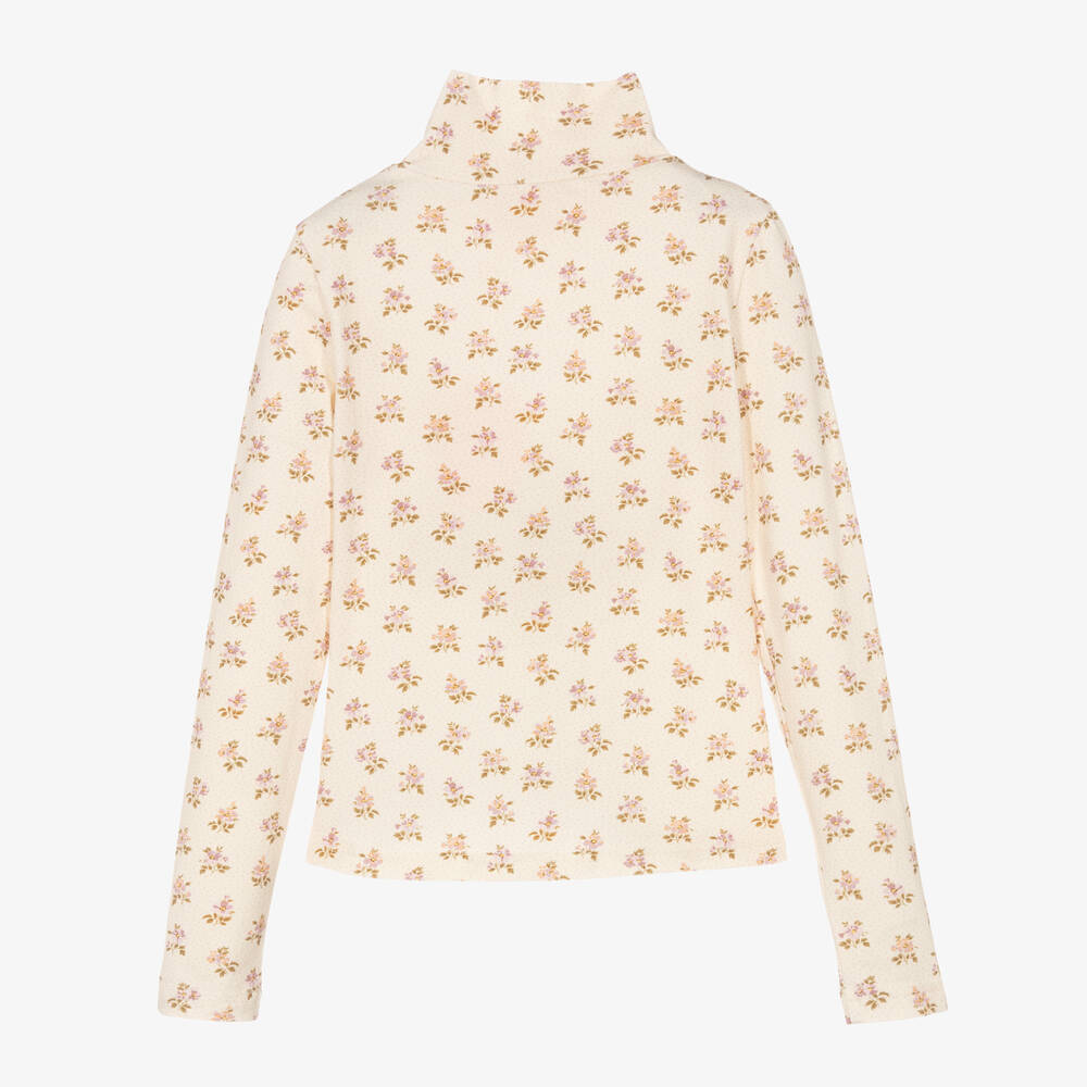Petite Amalie-Girls Ivory Cotton Floral Roll Neck Top | Childrensalon Outlet