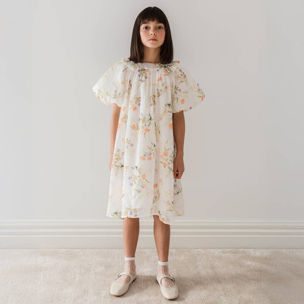 Petite Amalie-Girls Ivory Floral Linen Dress | Childrensalon Outlet