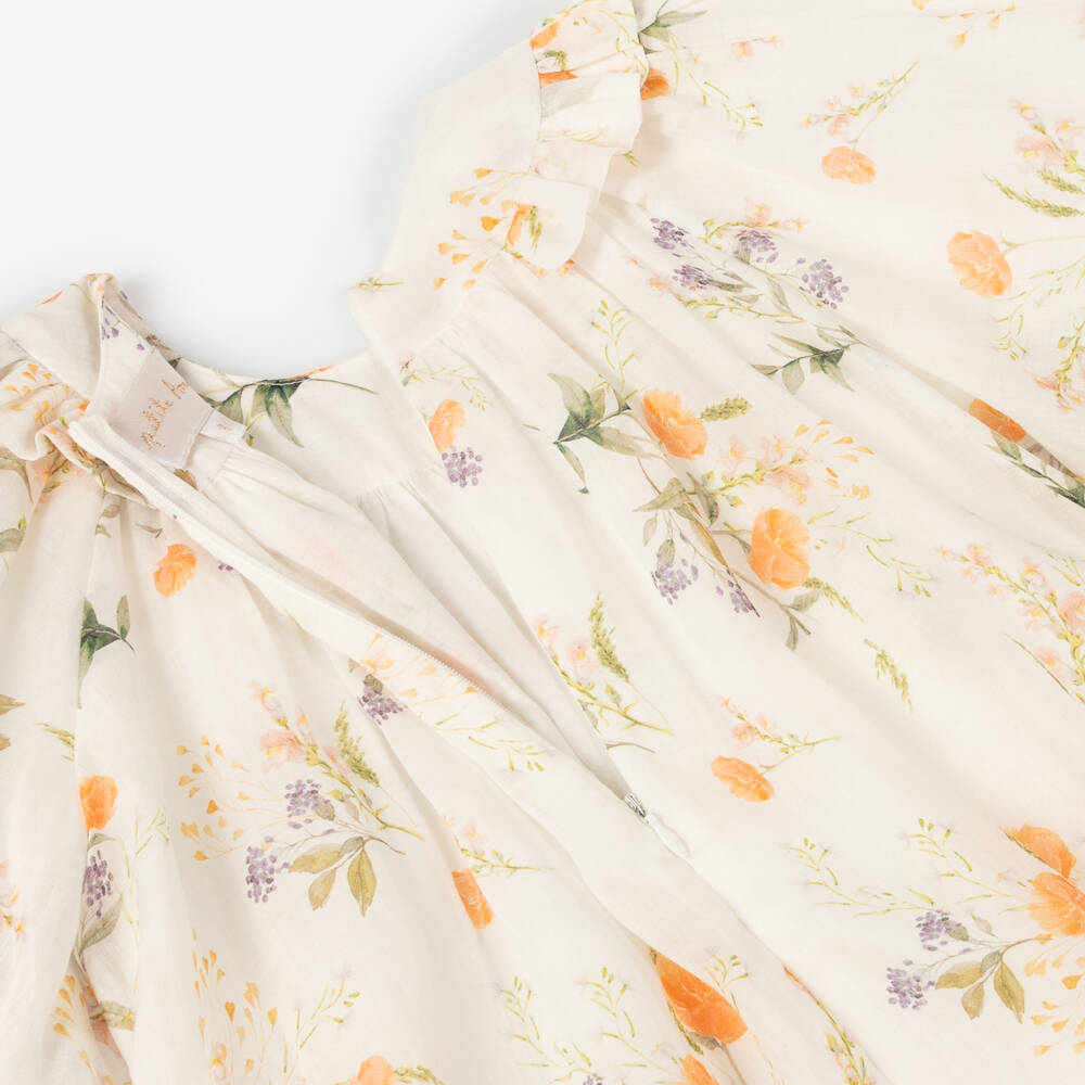 Petite Amalie-Girls Ivory Floral Linen Dress | Childrensalon Outlet