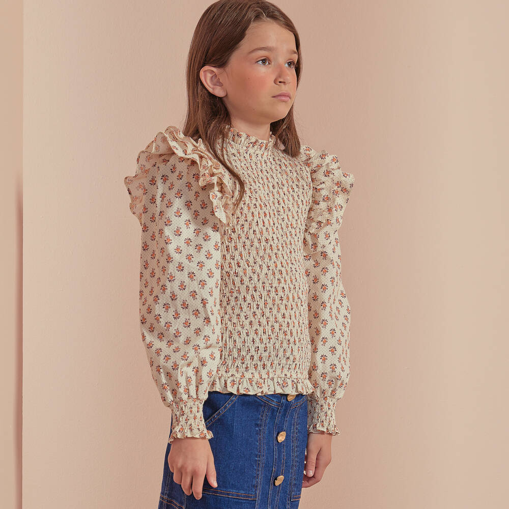 Petite Amalie-Girls Ivory Floral Print Blouse | Childrensalon Outlet