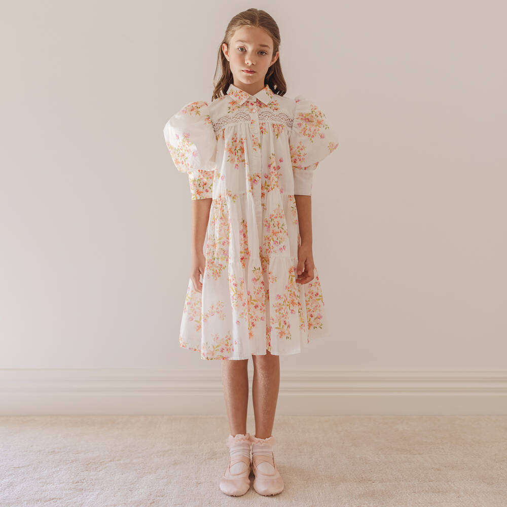 Petite Amalie-Girls Ivory & Pink Floral Print Cotton Dress | Childrensalon Outlet
