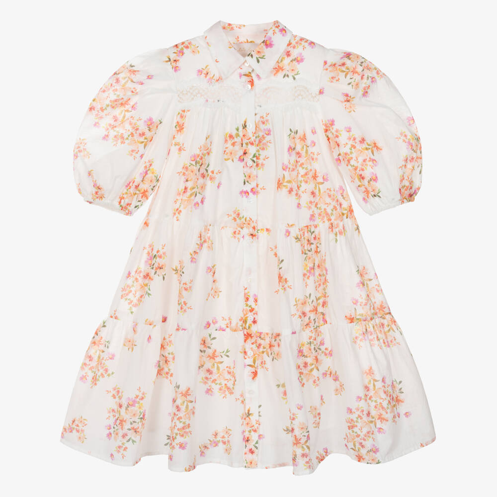 Petite Amalie-Girls Ivory & Pink Floral Print Cotton Dress | Childrensalon Outlet
