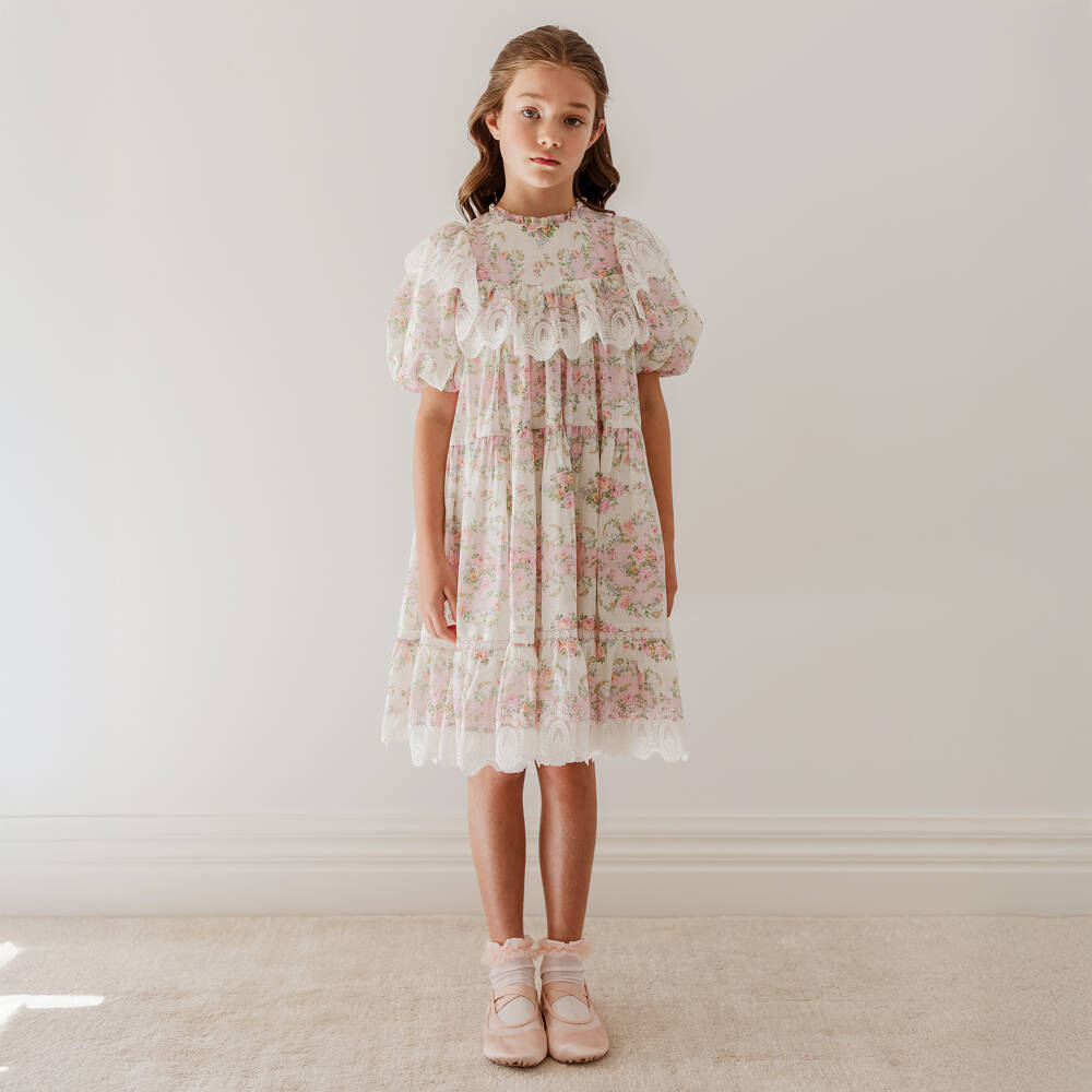 Petite Amalie-Girls Ivory & Pink Vintage Floral Lace Dress | Childrensalon Outlet