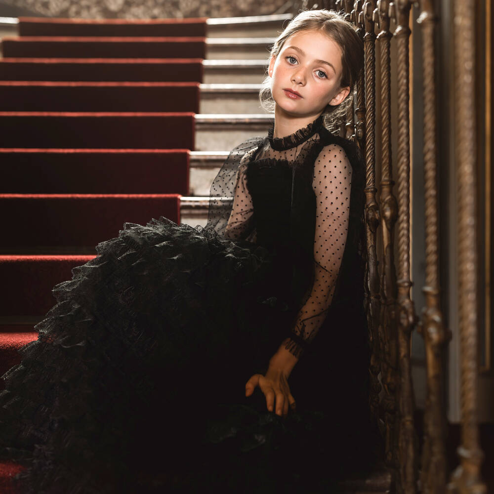 Petite Amalie-Girls Long Black Lace Gown | Childrensalon Outlet