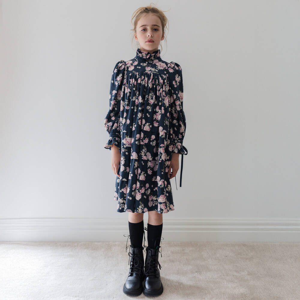 Petite Amalie-Girls Navy Blue & Pink Floral Needlecord Dress | Childrensalon Outlet
