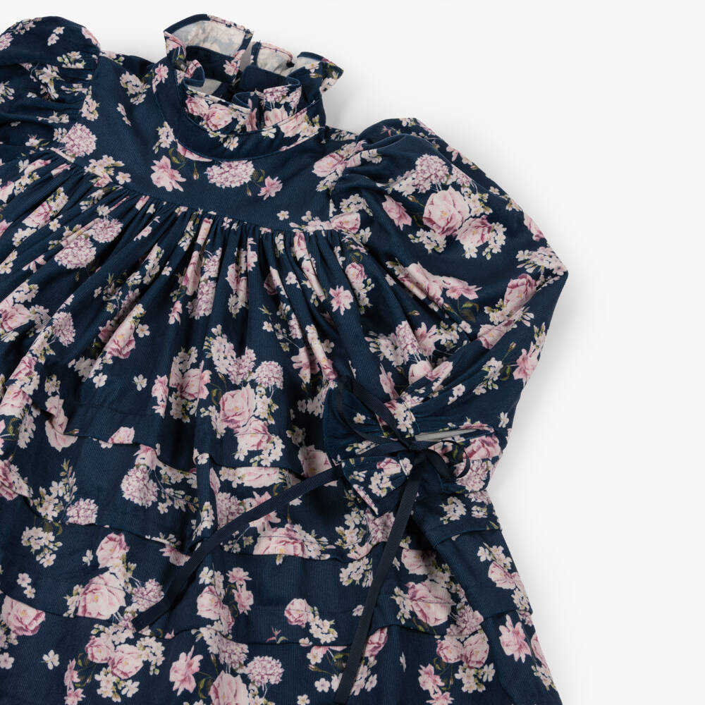 Petite Amalie-Girls Navy Blue & Pink Floral Needlecord Dress | Childrensalon Outlet