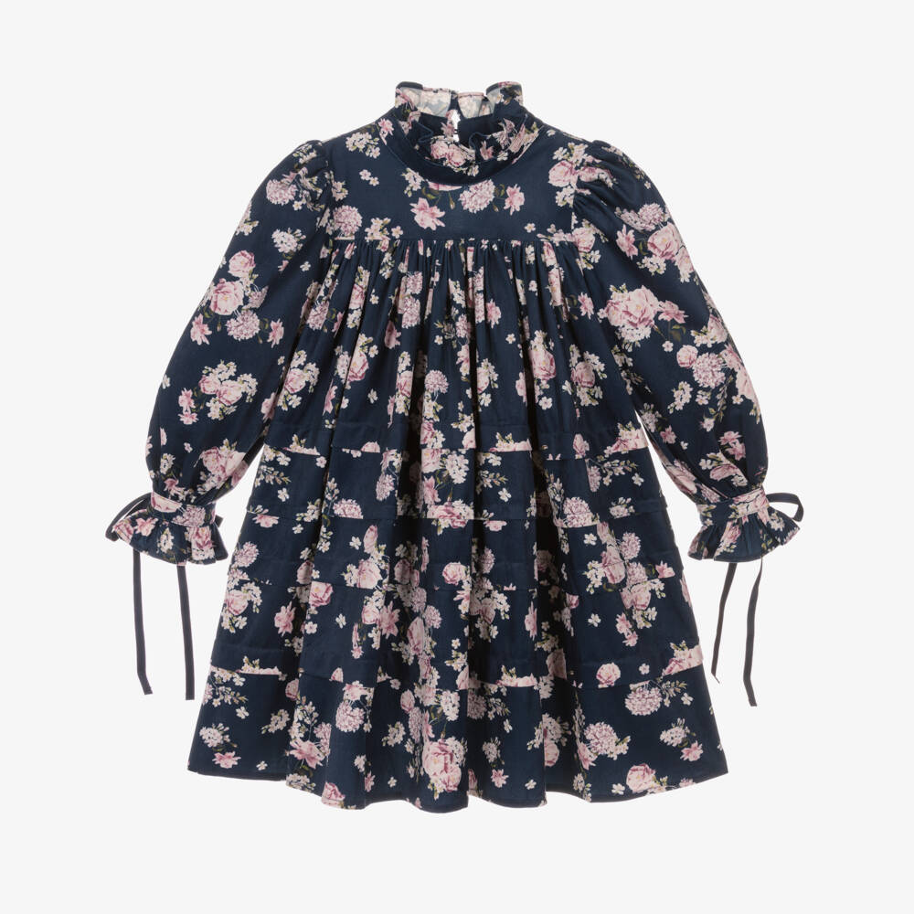 Petite Amalie-Girls Navy Blue & Pink Floral Needlecord Dress | Childrensalon Outlet