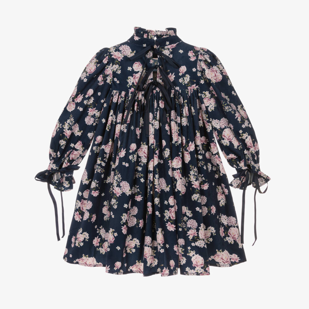Petite Amalie-Girls Navy Blue & Pink Floral Needlecord Dress | Childrensalon Outlet