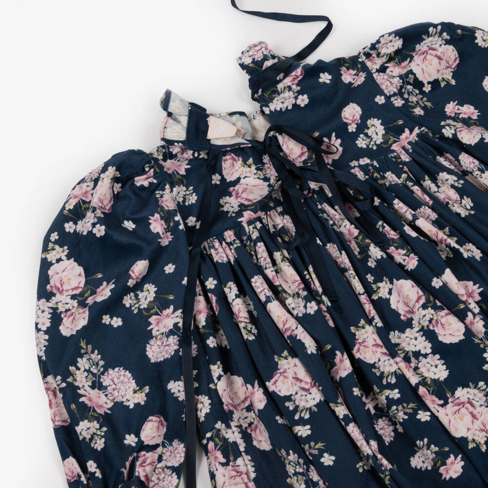 Petite Amalie-Girls Navy Blue & Pink Floral Needlecord Dress | Childrensalon Outlet