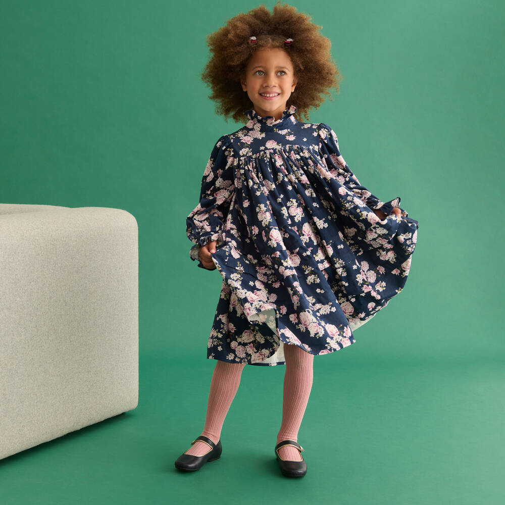 Petite Amalie-Girls Navy Floral Corduroy Dress | Childrensalon Outlet