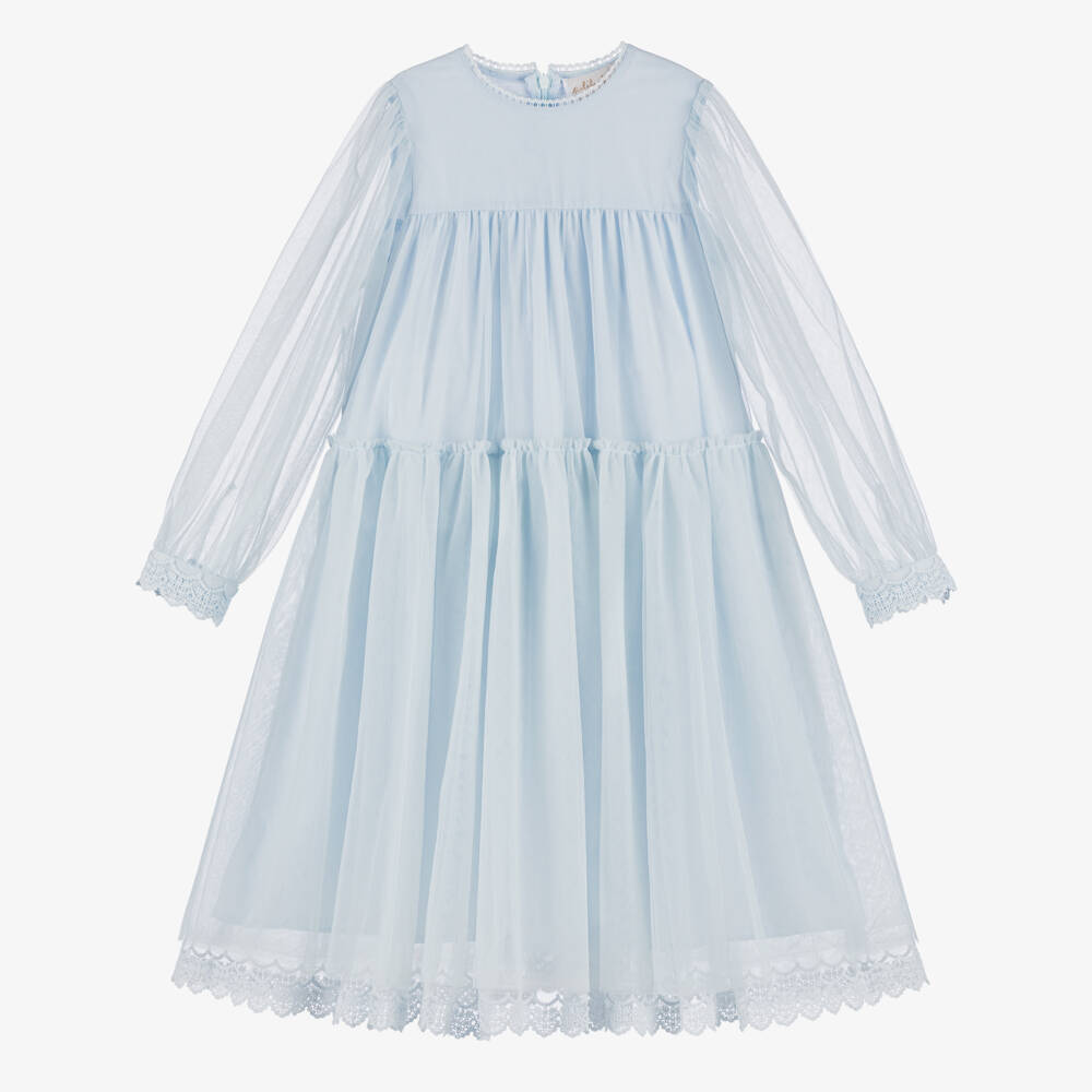 Petite Amalie-Girls Pale Blue Lace-Trimmed Tulle Dress & Cape Set | Childrensalon Outlet