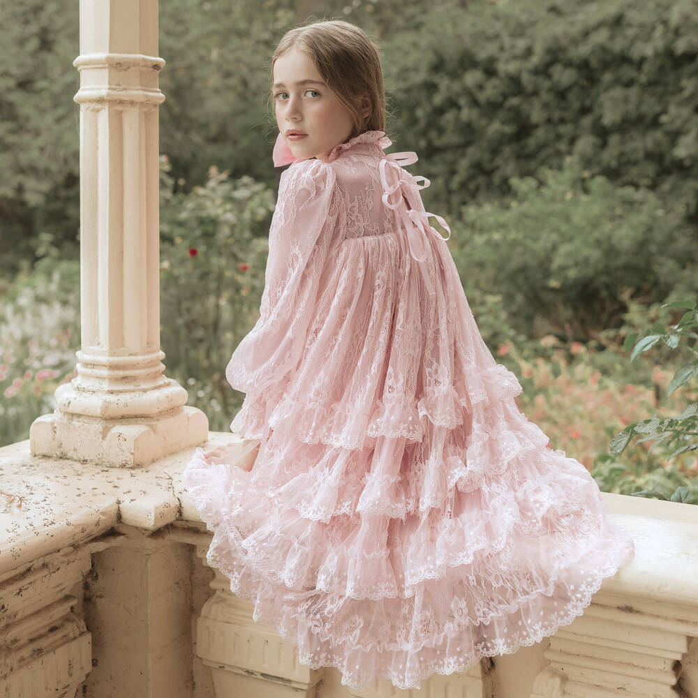 Petite Amalie-Girls Pale Pink Tiered Lace Dress | Childrensalon Outlet