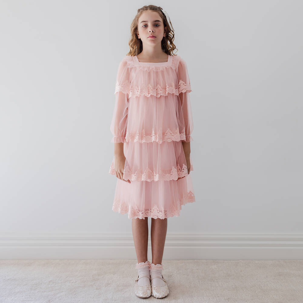 Petite Amalie-Girls Pastel Pink Tiered Tulle Dress | Childrensalon Outlet