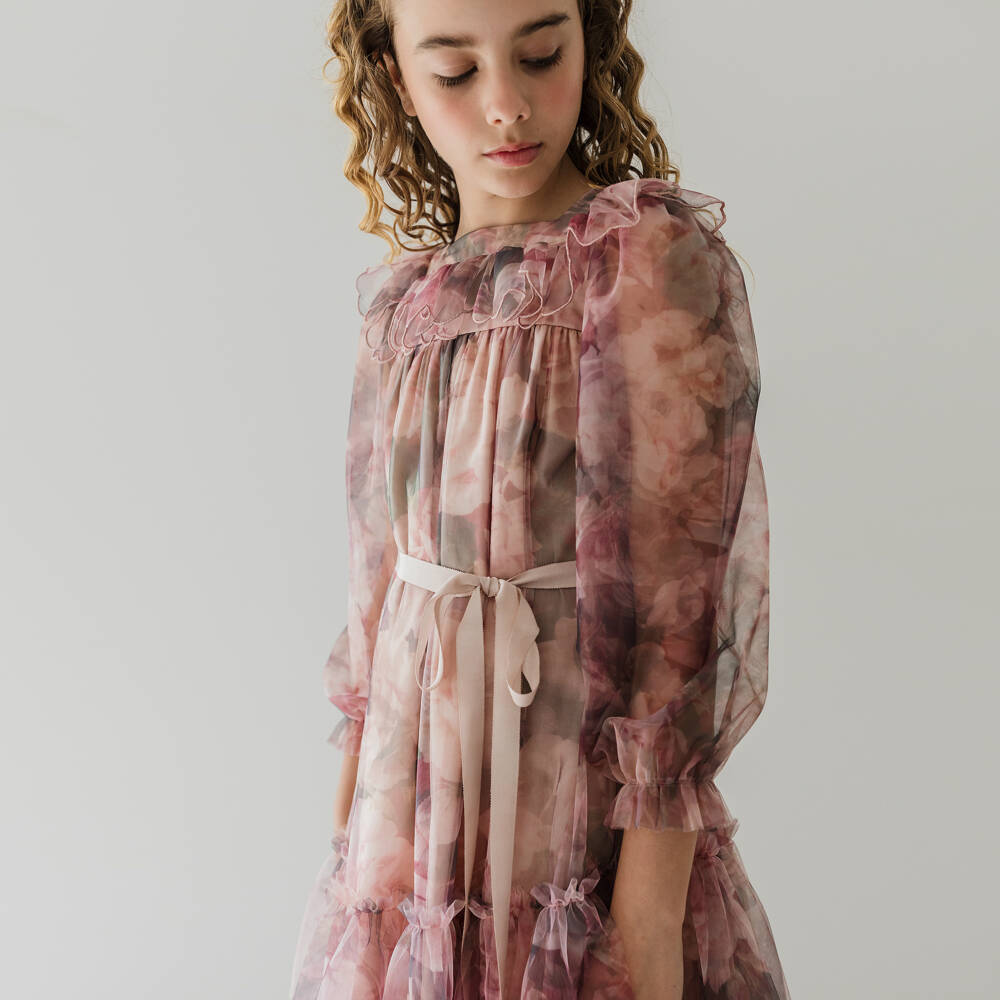 Petite Amalie-Girls Pink & Beige Floral Tulle Dress | Childrensalon Outlet