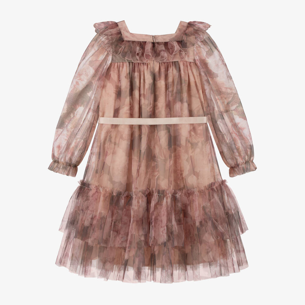 Petite Amalie-Girls Pink & Beige Floral Tulle Dress | Childrensalon Outlet
