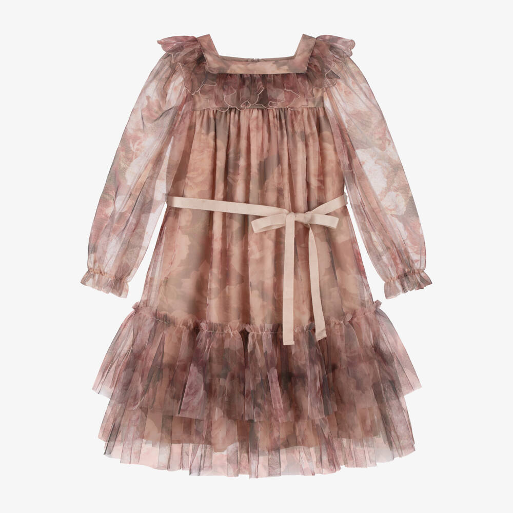 Petite Amalie-Girls Pink & Beige Floral Tulle Dress | Childrensalon Outlet