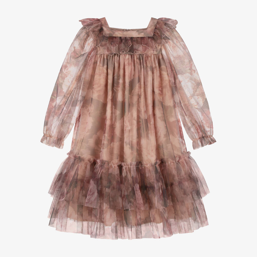 Petite Amalie-Girls Pink & Beige Floral Tulle Dress | Childrensalon Outlet