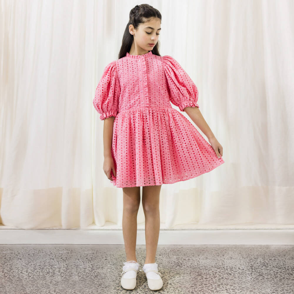 Petite Amalie-Girls Pink Cotton Eyelet Dress | Childrensalon Outlet
