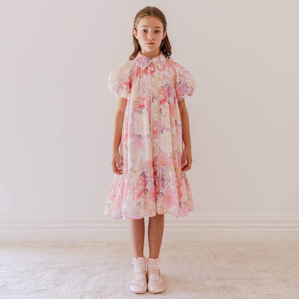 Petite Amalie-Girls Pink Cotton Floral Print Dress | Childrensalon Outlet