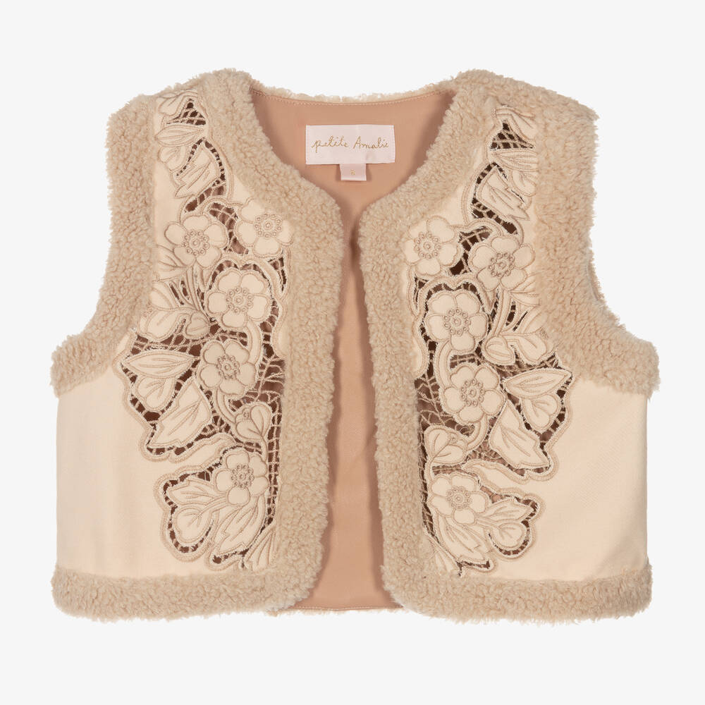 Petite Amalie - Girls Pink Embroidered Floral Gilet | Childrensalon